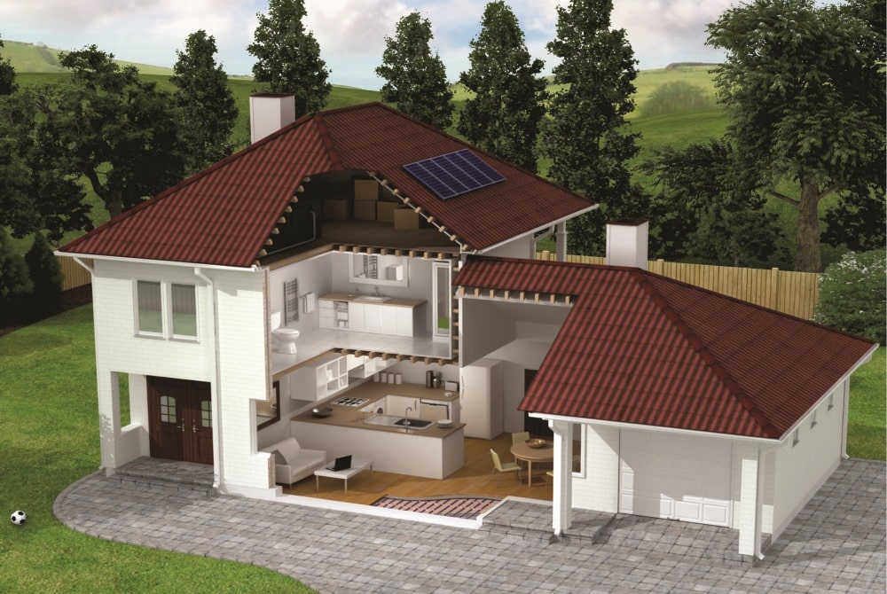 Profil domu zobrazujúci elektrické podlahové vykurovanie v rôznych miestnostiach